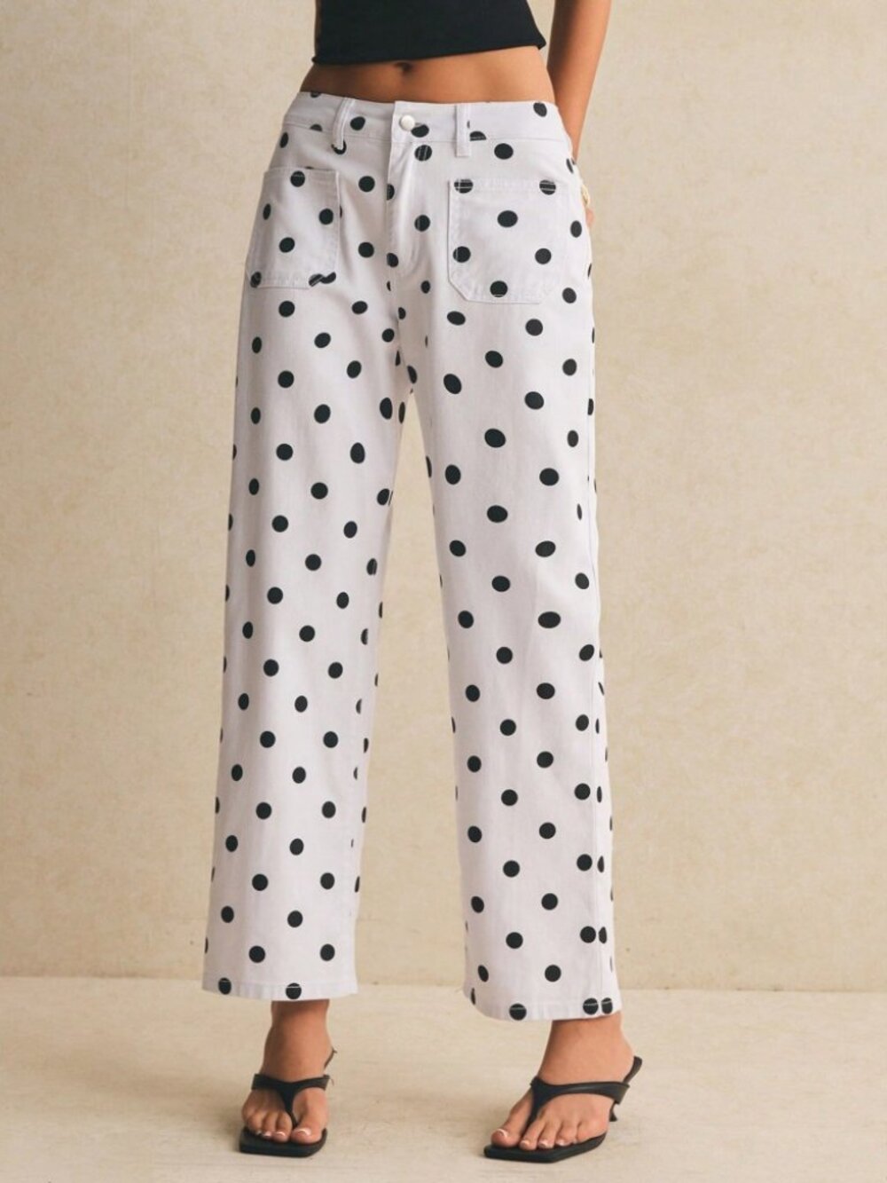 White Polka Dot Denim Cropped Straight Leg Jeans